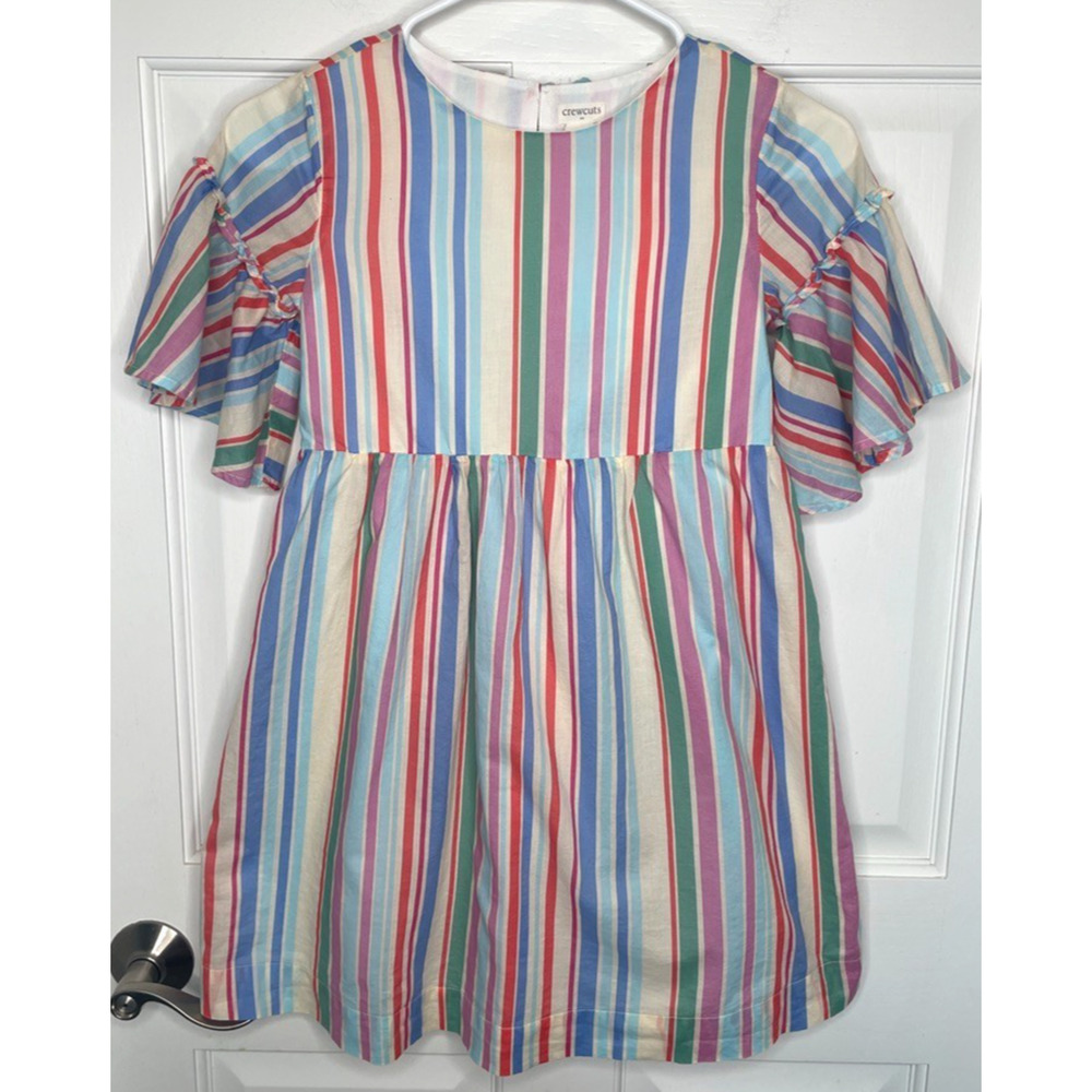 Crewcuts Girls Stripe Dress Size 8 Ruffle Sleeve Lined 100% Cotton Whimsy Preppy